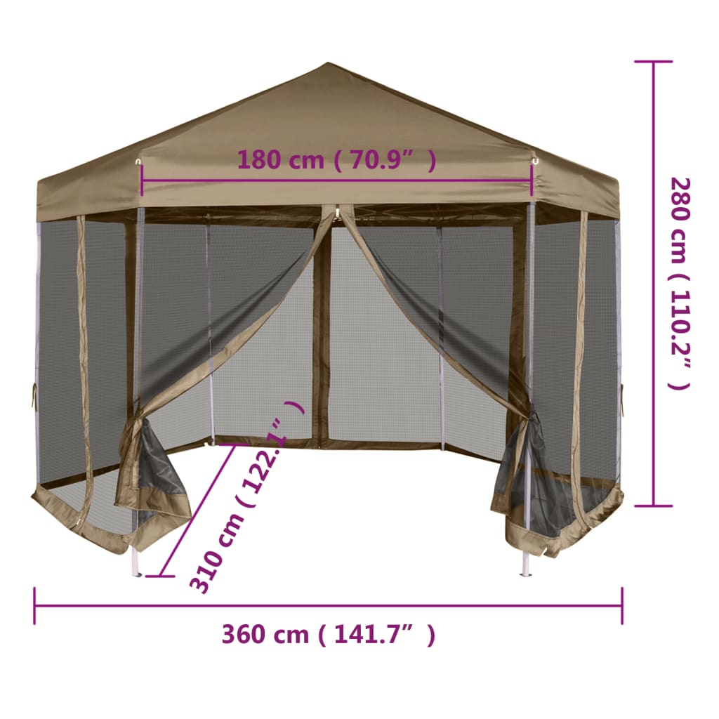 Faltpavillon mit Seitenwänden Sechseckig 3,6x3,1m Taupe 220g/m²