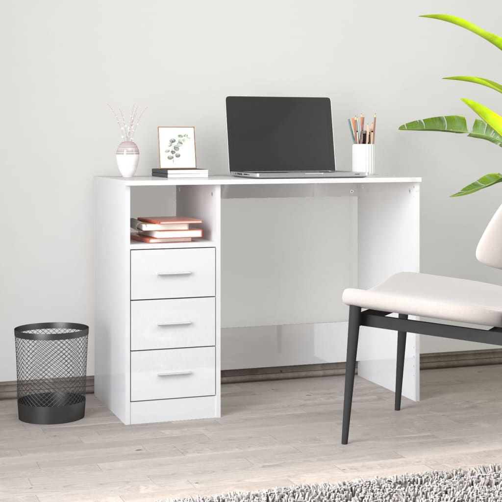 Schreibtisch mit Schubladen Hochglanz-Weiß 102x50x76 cm