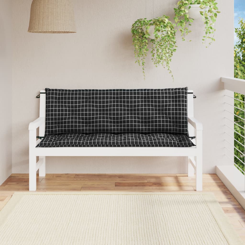 Gartenbank-Auflagen 2-tlg. Schwarz Karomuster 150x50x7 cm Stoff
