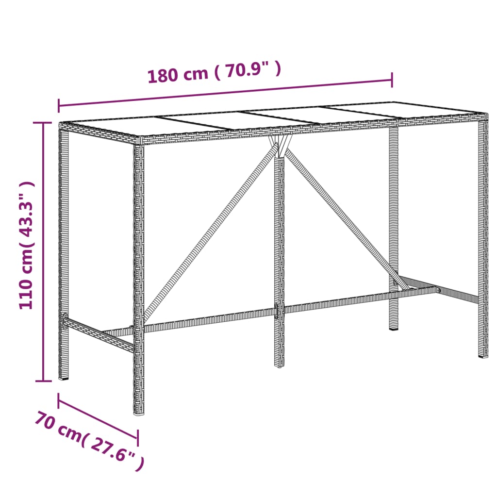 Bartisch mit Glasplatte Braun 180x70x110 cm Poly Rattan