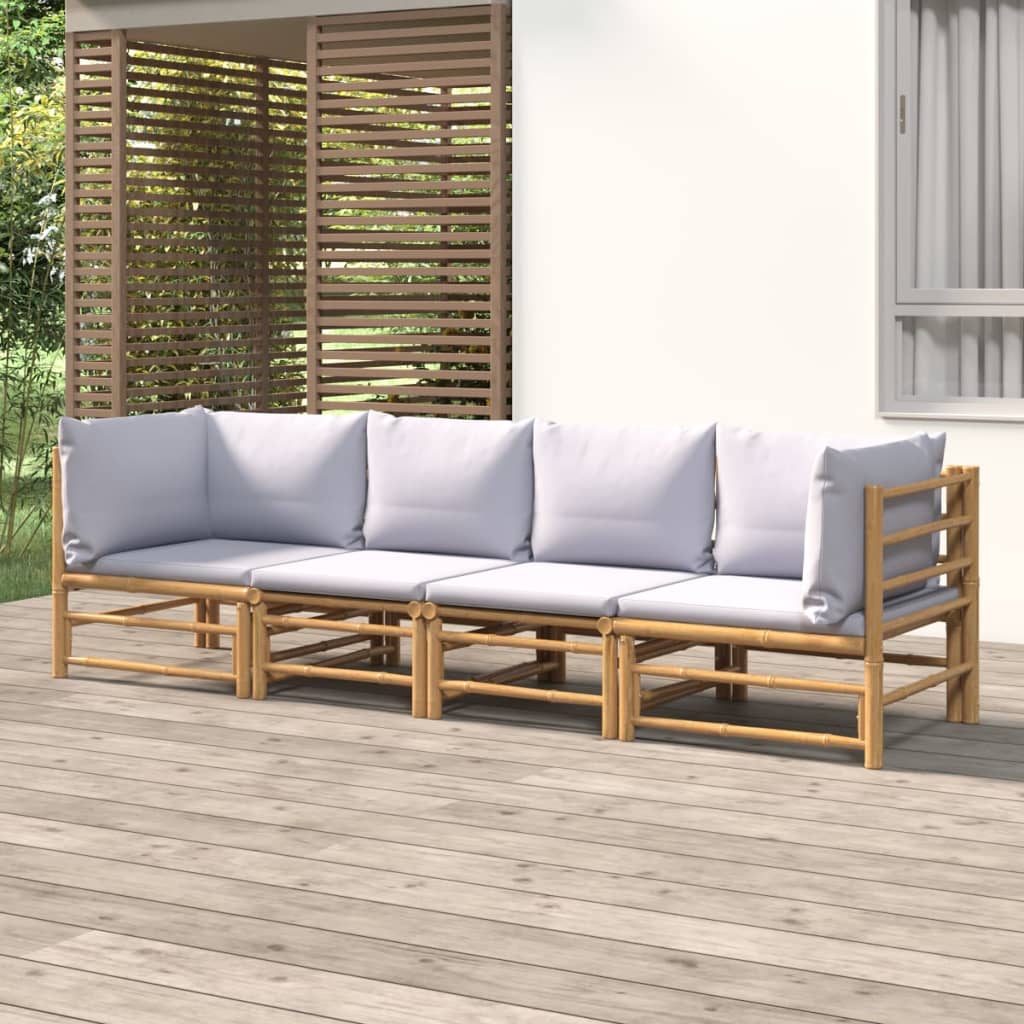 4-tlg. Garten-Lounge-Set mit Hellgrauen Kissen Bambus