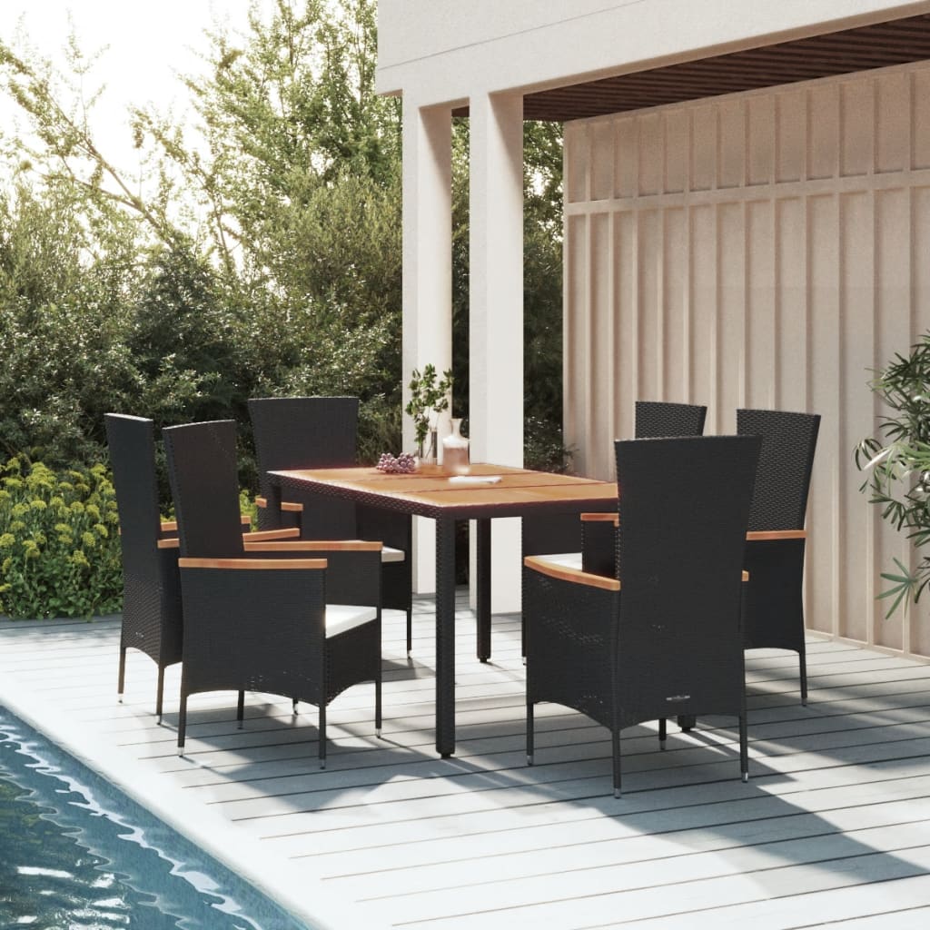 7-tlg. Garten-Essgruppe mit Kissen Schwarz Poly Rattan