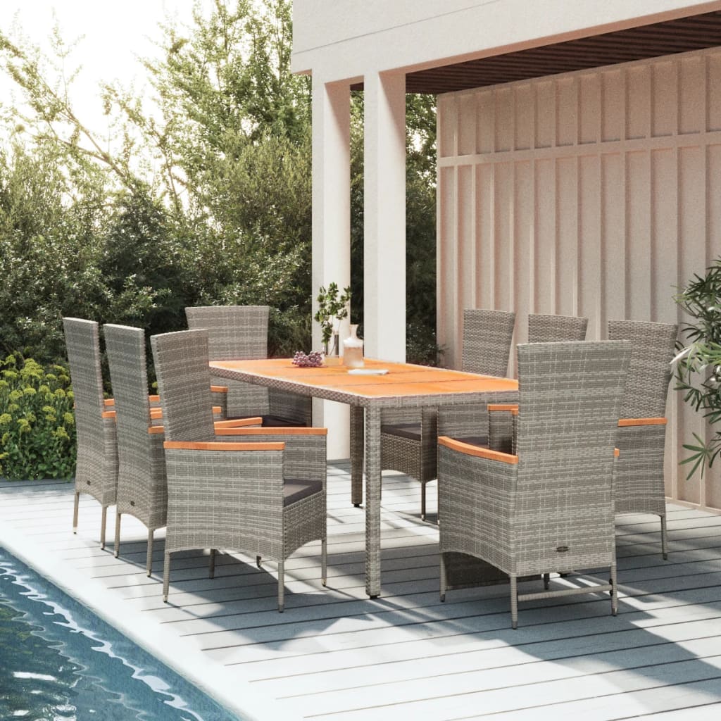 9-tlg. Garten-Essgruppe mit Kissen Grau Poly Rattan