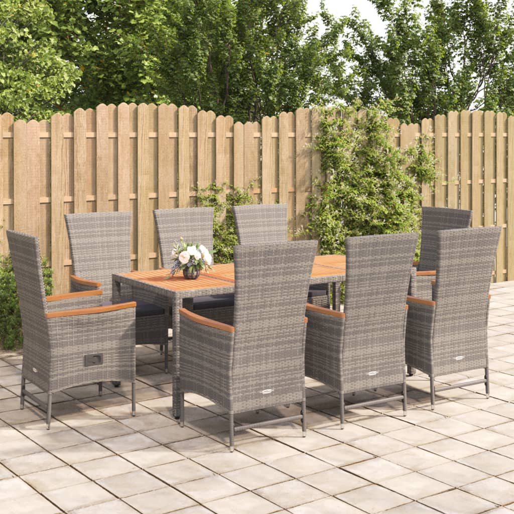9-tlg. Garten-Essgruppe mit Kissen Grau Poly Rattan