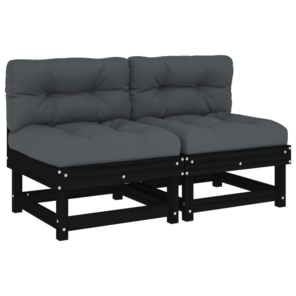 Mittelsofas mit Kissen 2 Stk. Schwarz Massivholz Kiefer