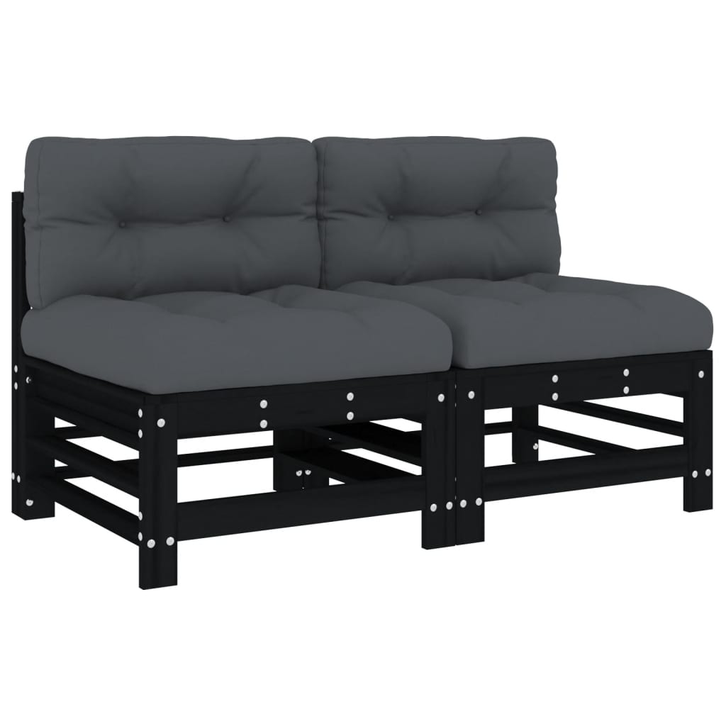 Mittelsofas mit Kissen 2 Stk. Schwarz Massivholz Kiefer