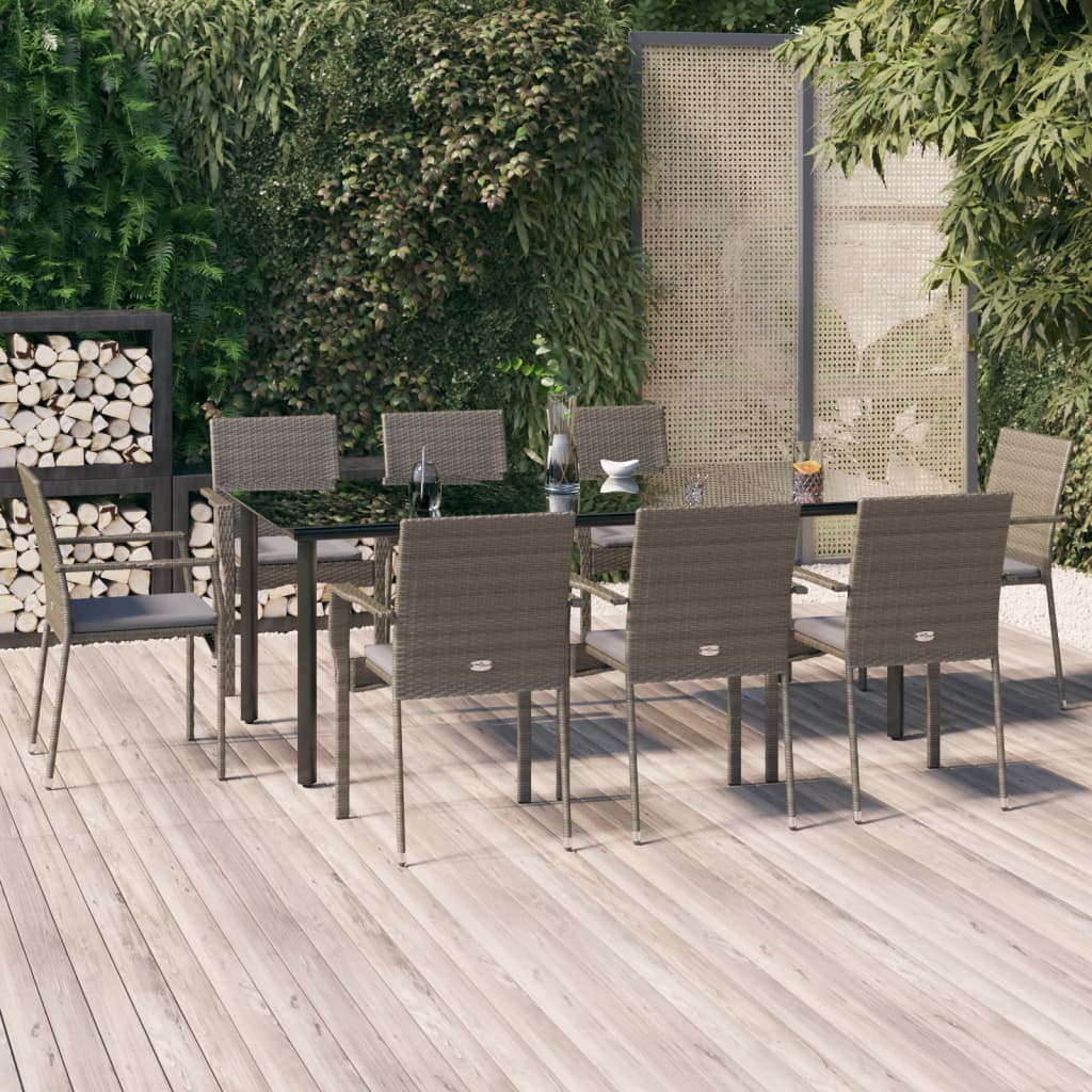 9-tlg. Garten-Lounge-Set mit Kissen Schwarz Grau Poly Rattan