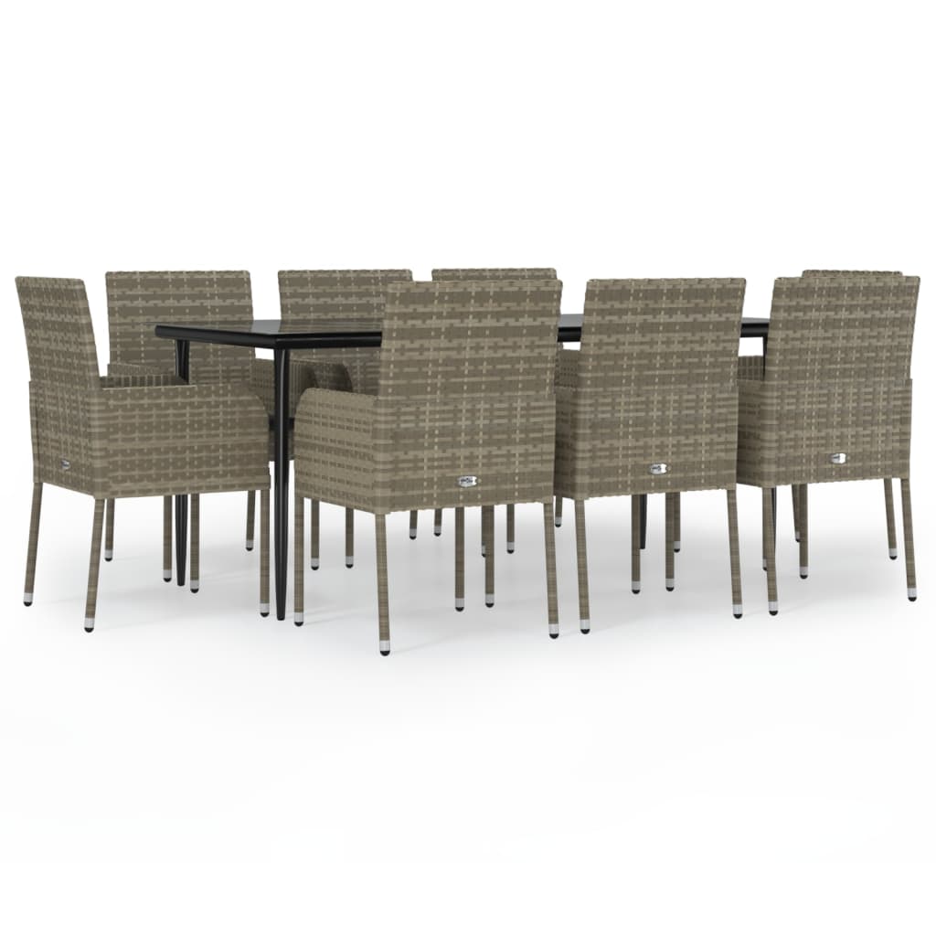 9-tlg. Garten-Essgruppe mit Kissen Schwarz und Grau Poly Rattan