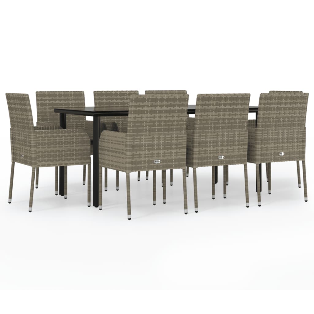 9-tlg. Garten-Essgruppe mit Kissen Schwarz und Grau Poly Rattan