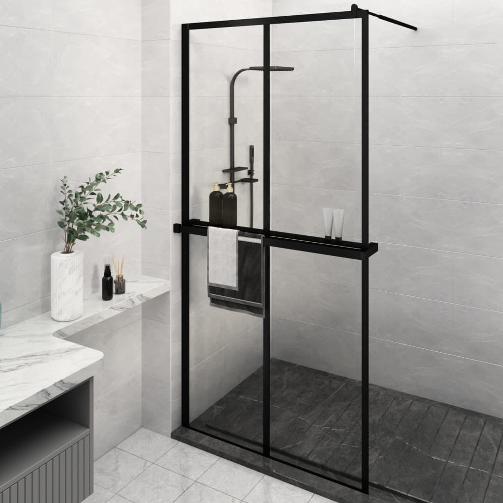 Duschwand mit Ablage für Walk-In-Dusche Schwarz 118x190 cm ESG