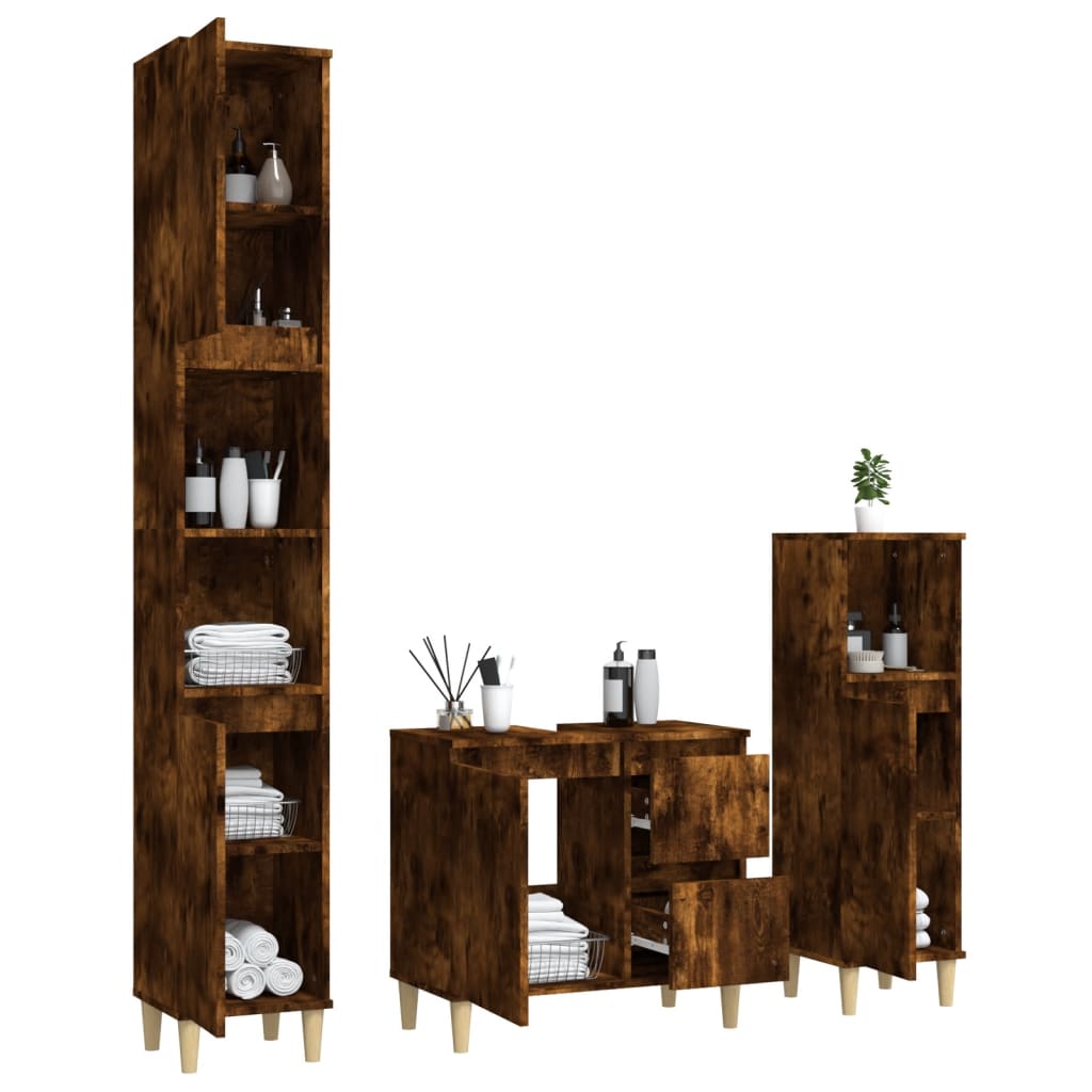 3-tlg. Badmöbel-Set Räuchereiche Holzwerkstoff