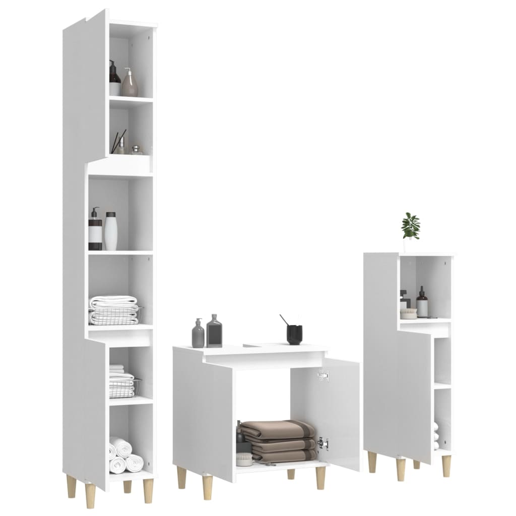 3-tlg. Badmöbel-Set Hochglanz-Weiß Holzwerkstoff