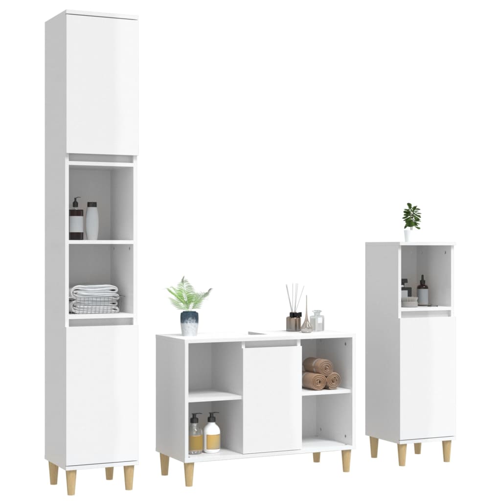 3-tlg. Badmöbel-Set Hochglanz-Weiß Holzwerkstoff