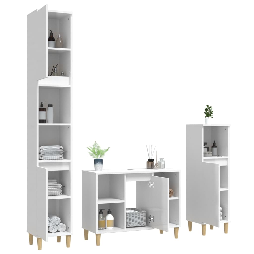 3-tlg. Badmöbel-Set Hochglanz-Weiß Holzwerkstoff