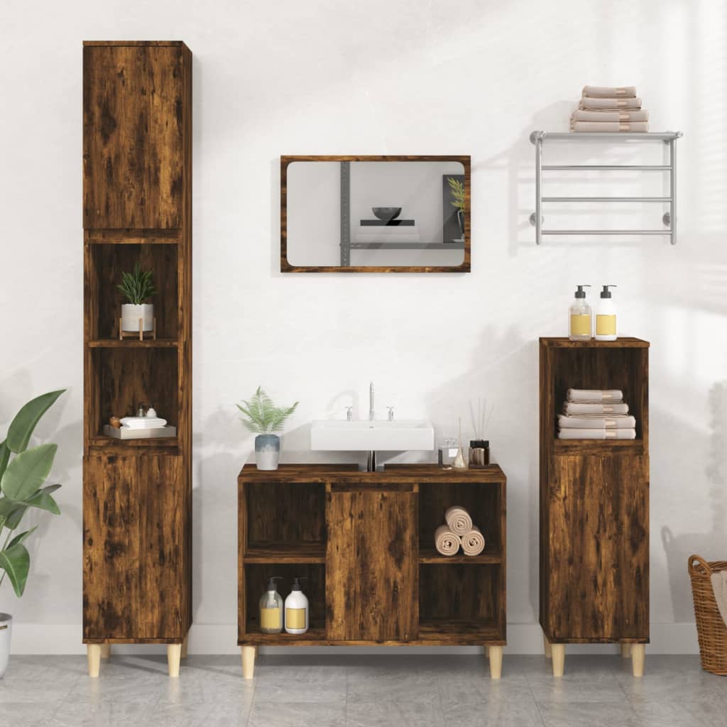 3-tlg. Badmöbel-Set Räuchereiche Holzwerkstoff