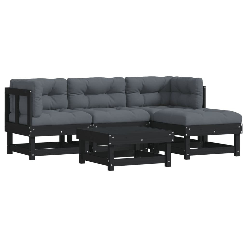 5-tlg. Garten-Lounge-Set mit Kissen Schwarz Massivholz