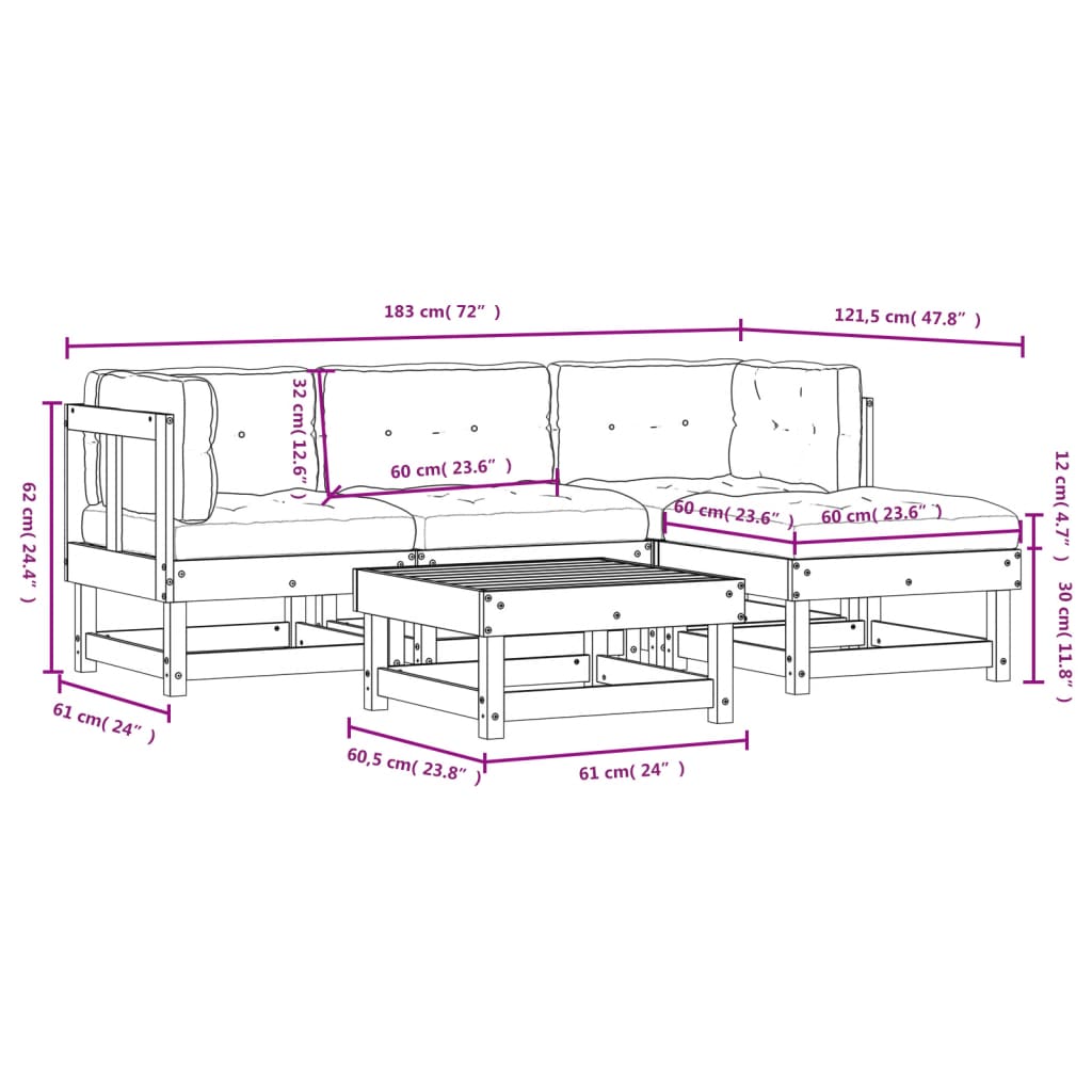 5-tlg. Garten-Lounge-Set mit Kissen Schwarz Massivholz
