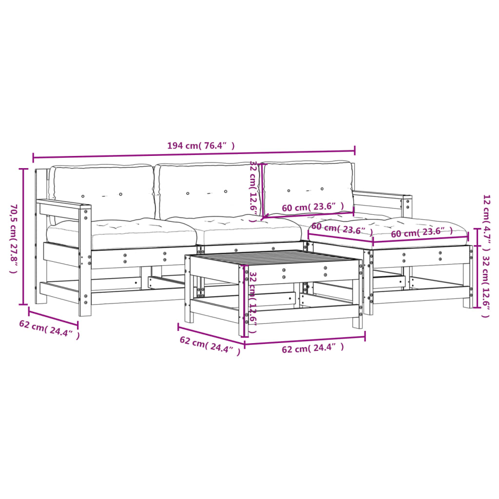 5-tlg. Garten-Lounge-Set mit Kissen Honigbraun Massivholz
