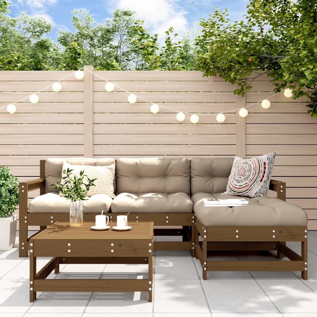 5-tlg. Garten-Lounge-Set mit Kissen Honigbraun Massivholz