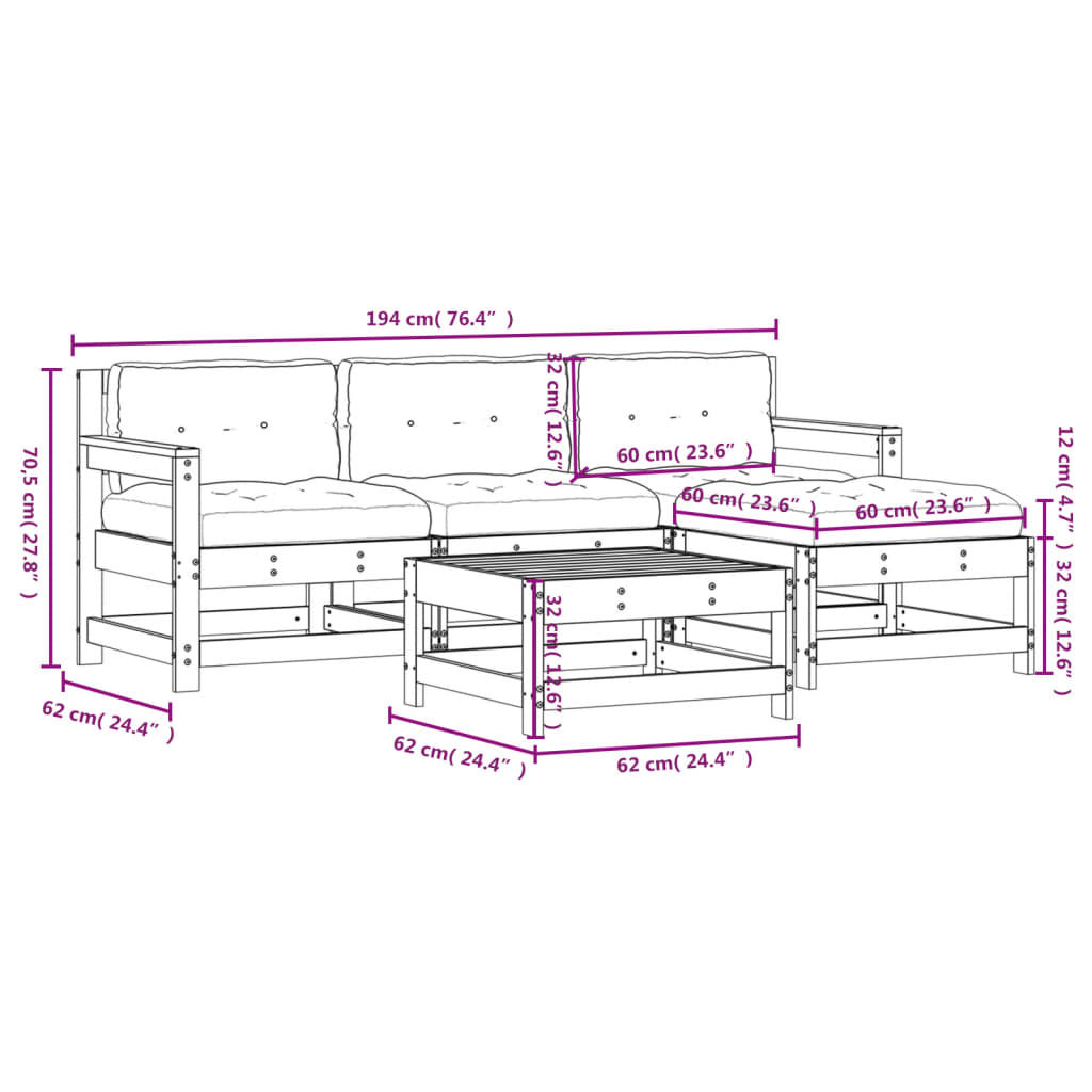 5-tlg. Garten-Lounge-Set mit Kissen Schwarz Massivholz
