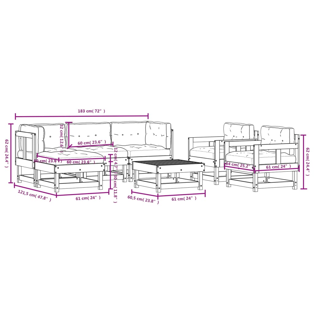 7-tlg. Garten-Lounge-Set mit Kissen Honigbraun Massivholz