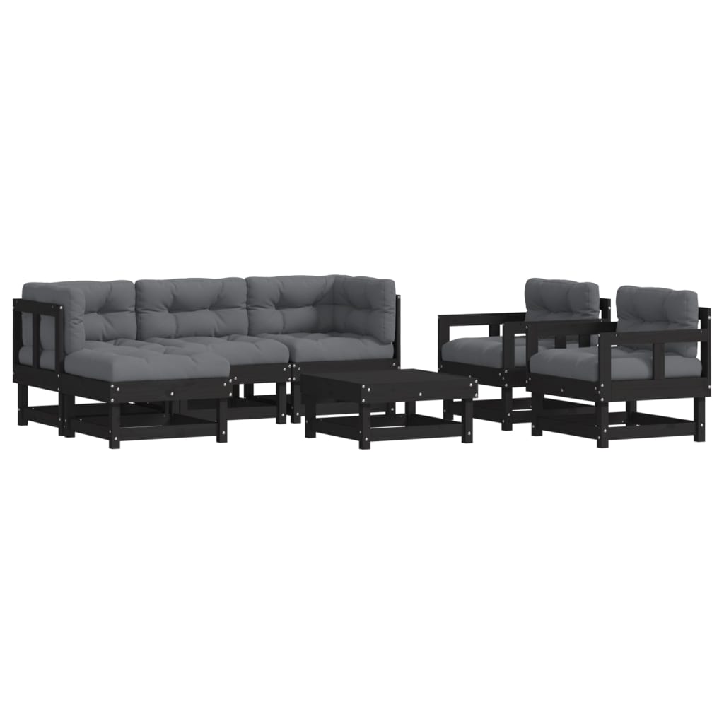 7-tlg. Garten-Lounge-Set mit Kissen Schwarz Massivholz