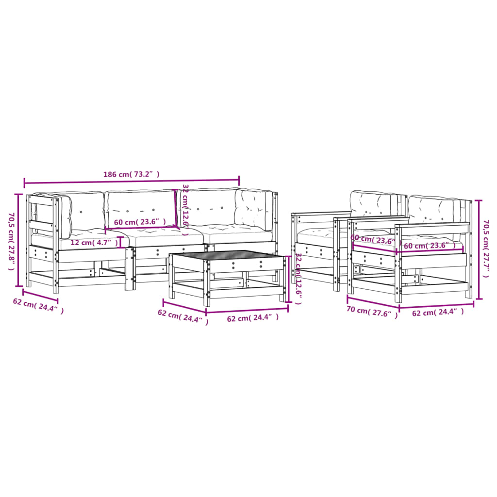 6-tlg. Garten-Lounge-Set mit Kissen Honigbraun Massivholz