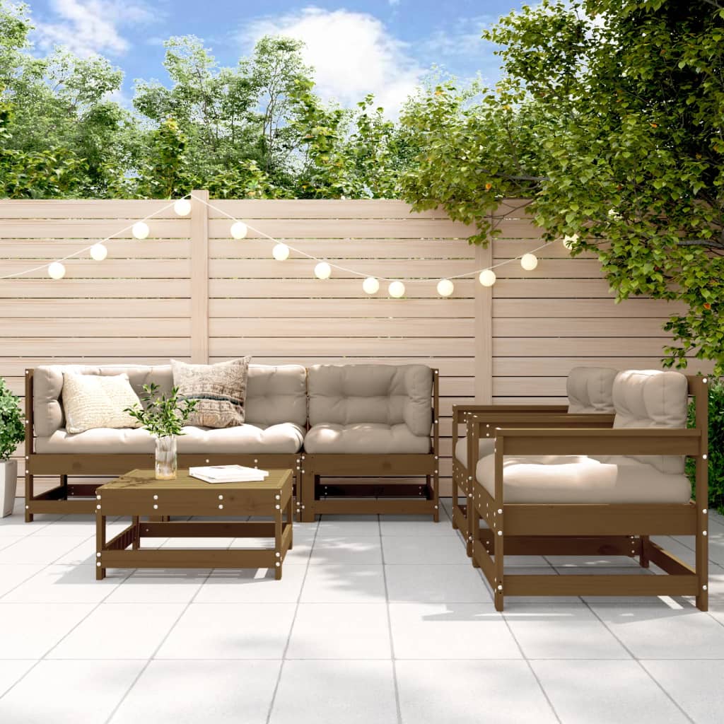 6-tlg. Garten-Lounge-Set mit Kissen Honigbraun Massivholz