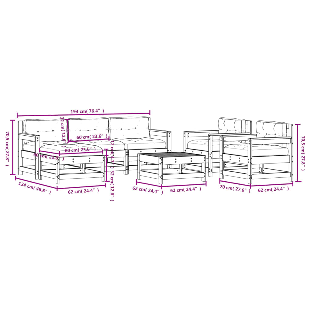7-tlg. Garten-Lounge-Set mit Kissen Honigbraun Massivholz