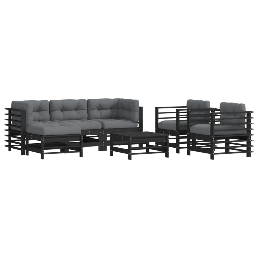 7-tlg. Garten-Lounge-Set mit Kissen Schwarz Massivholz