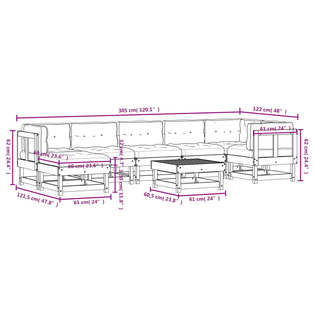 8-tlg. Garten-Lounge-Set mit Kissen Grau Massivholz
