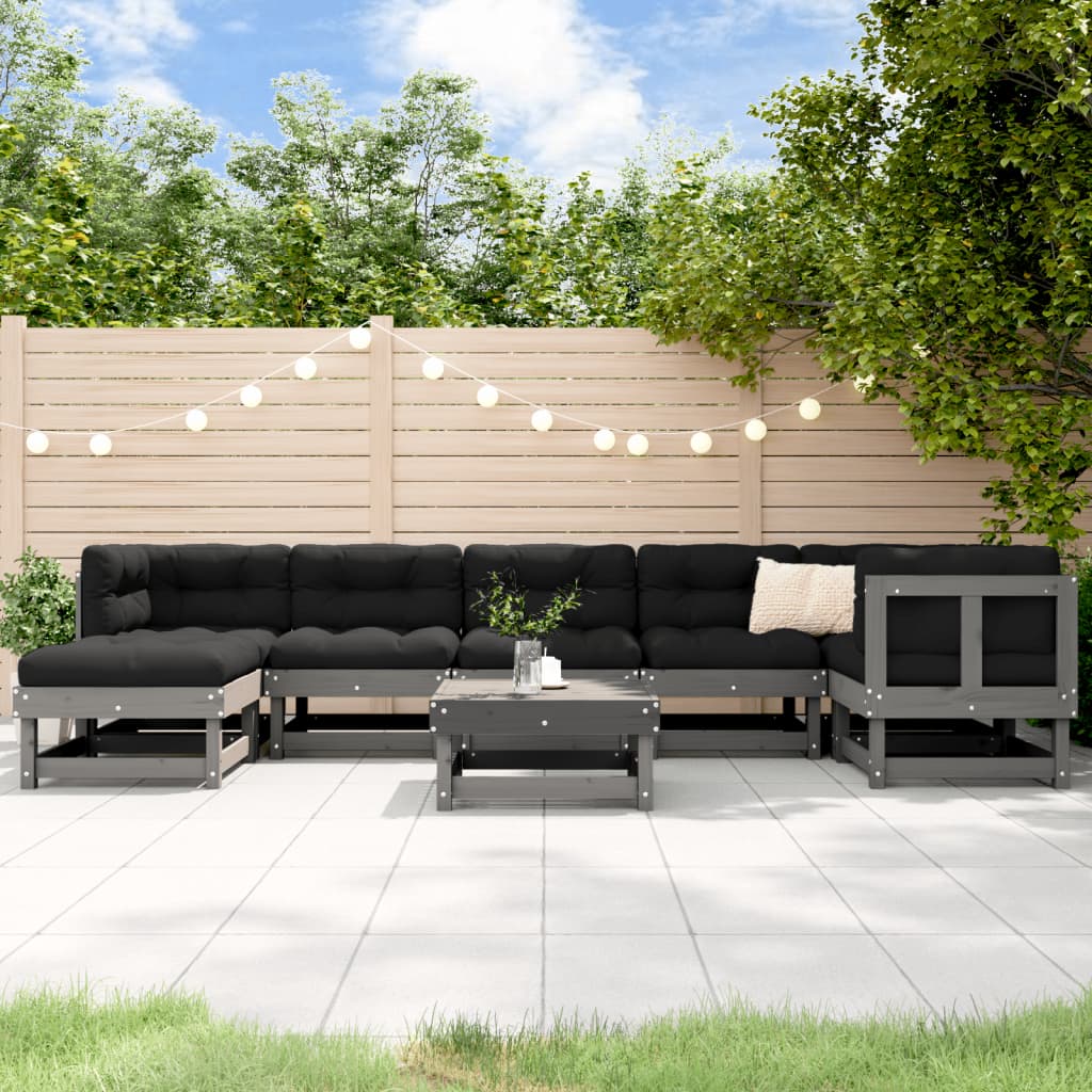 8-tlg. Garten-Lounge-Set mit Kissen Grau Massivholz