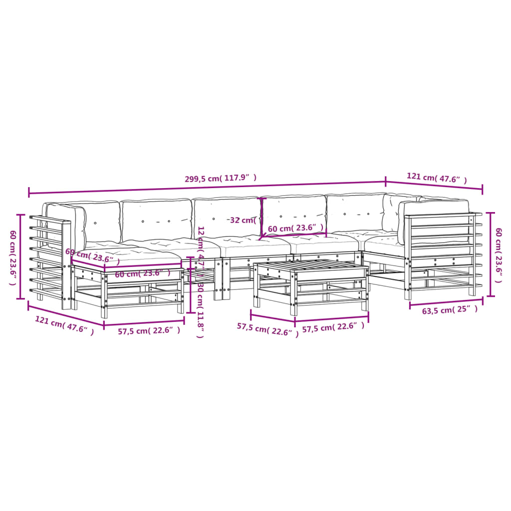 8-tlg. Garten-Lounge-Set mit Kissen Schwarz Massivholz