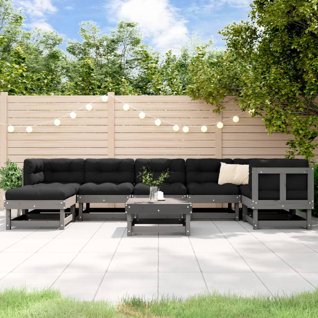 8-tlg. Garten-Lounge-Set mit Kissen Grau Massivholz