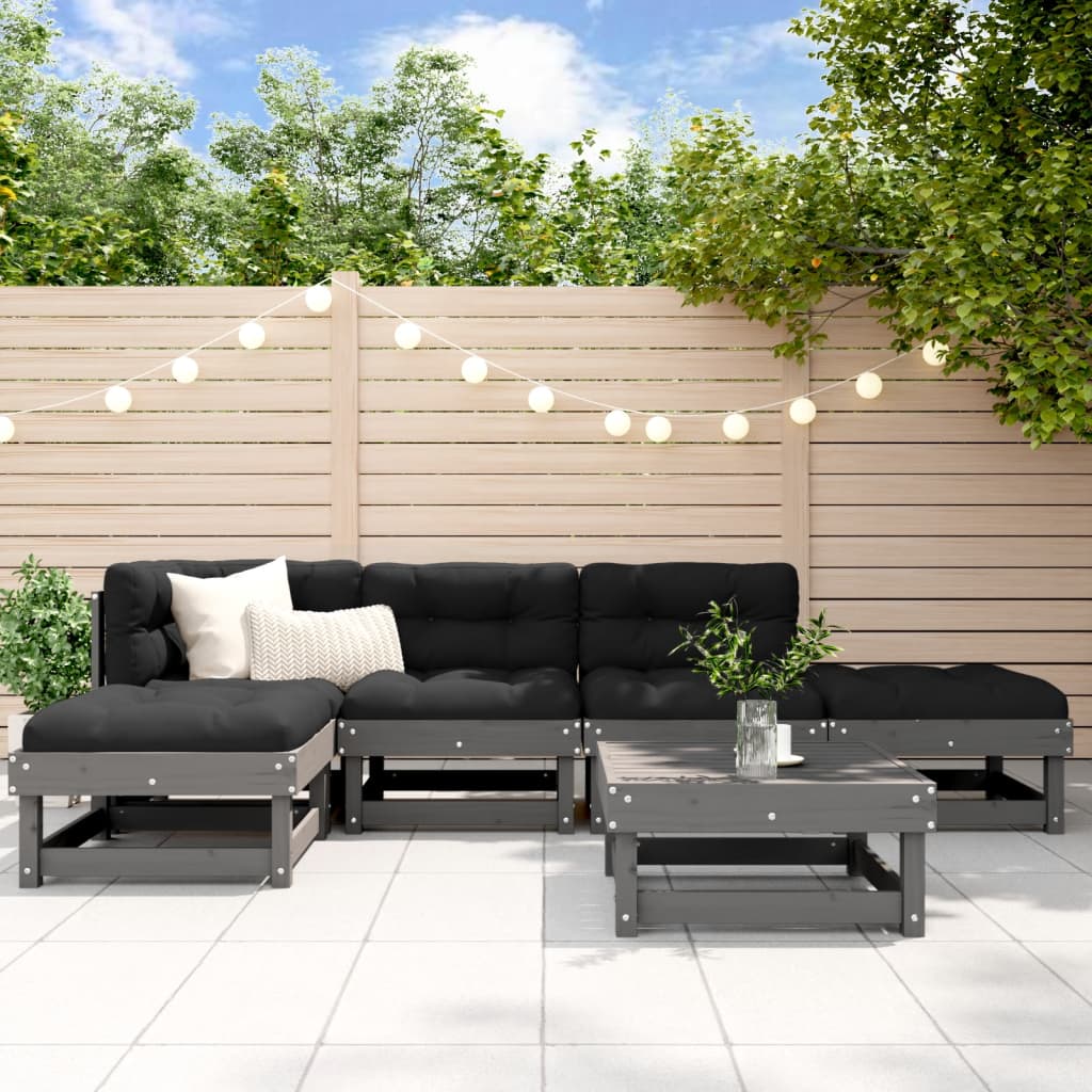 6-tlg. Garten-Lounge-Set mit Kissen Grau Massivholz