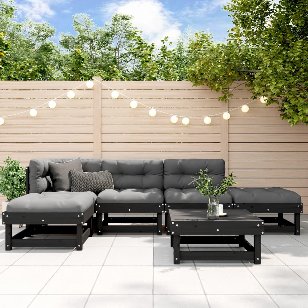 6-tlg. Garten-Lounge-Set mit Kissen Schwarz Massivholz