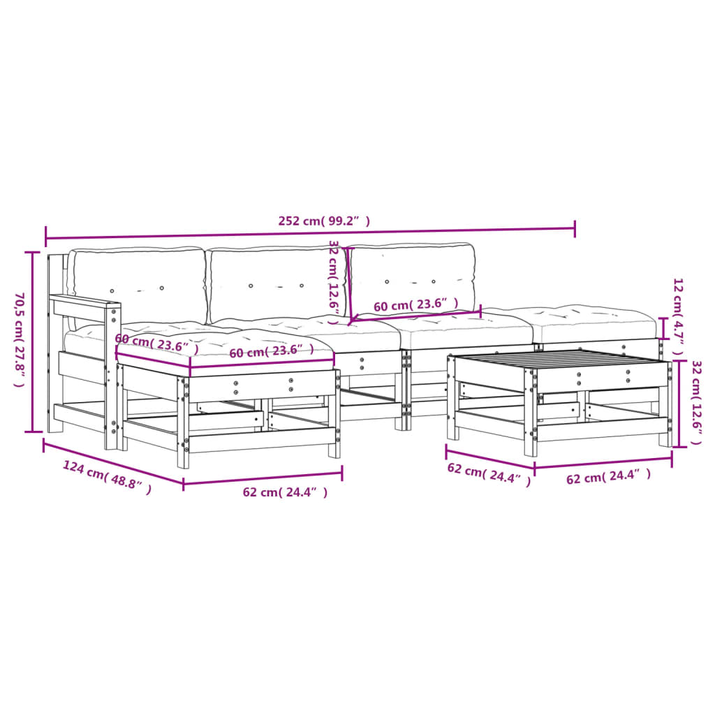6-tlg. Garten-Lounge-Set mit Kissen Schwarz Massivholz