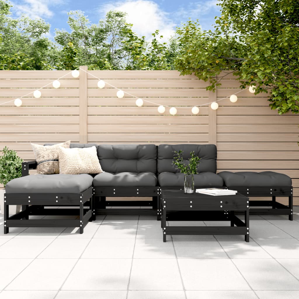 6-tlg. Garten-Lounge-Set mit Kissen Schwarz Massivholz