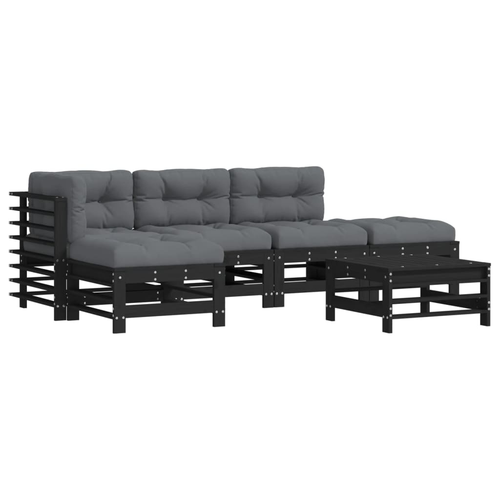 6-tlg. Garten-Lounge-Set mit Kissen Schwarz Massivholz