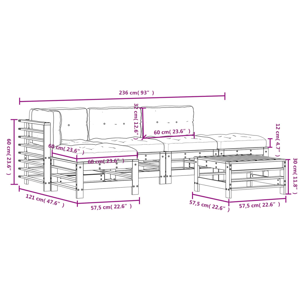 6-tlg. Garten-Lounge-Set mit Kissen Schwarz Massivholz