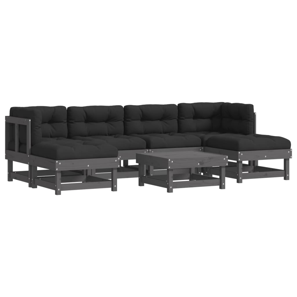 7-tlg. Garten-Lounge-Set mit Kissen Grau Massivholz