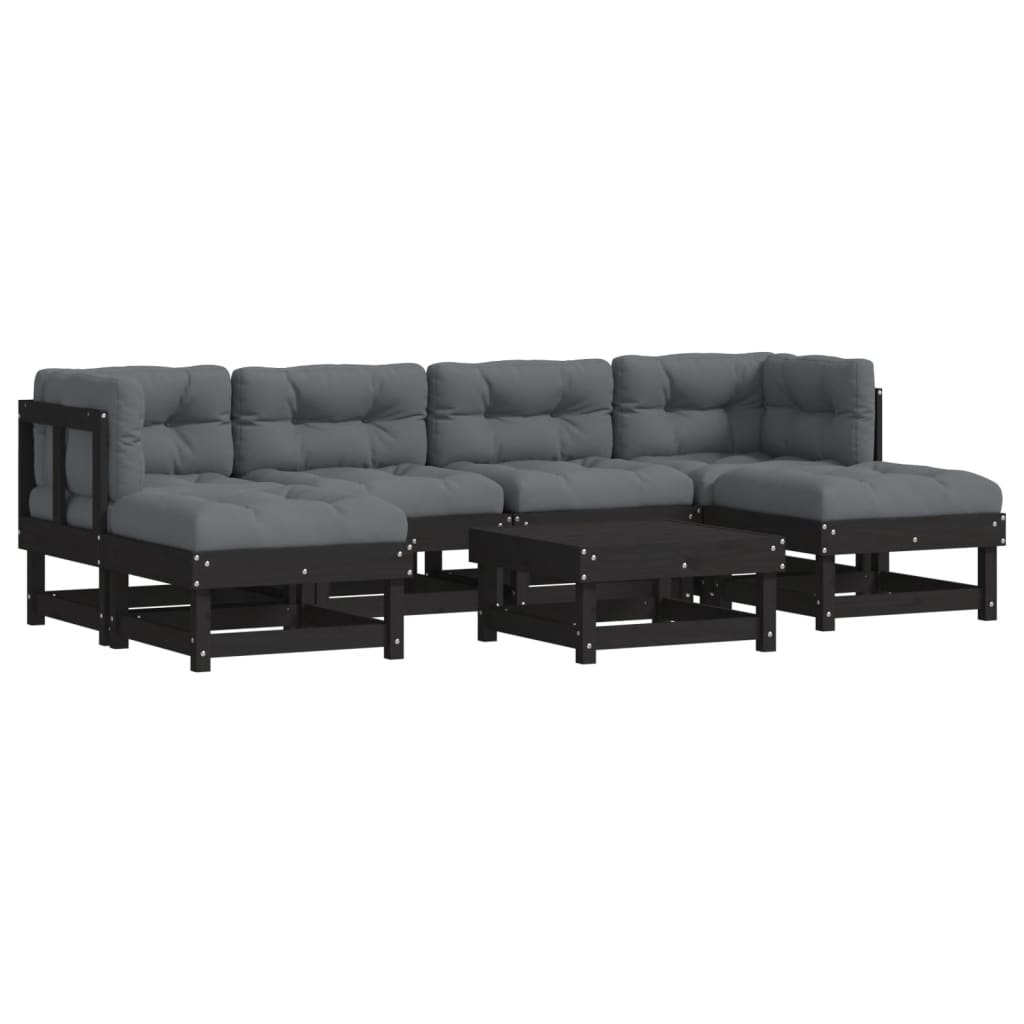 7-tlg. Garten-Lounge-Set mit Kissen Schwarz Massivholz
