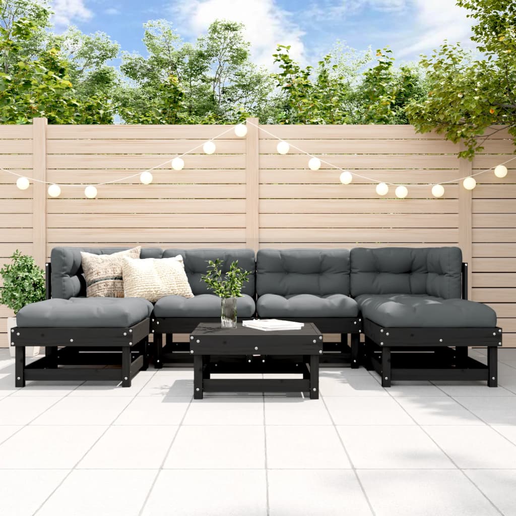 7-tlg. Garten-Lounge-Set mit Kissen Schwarz Massivholz