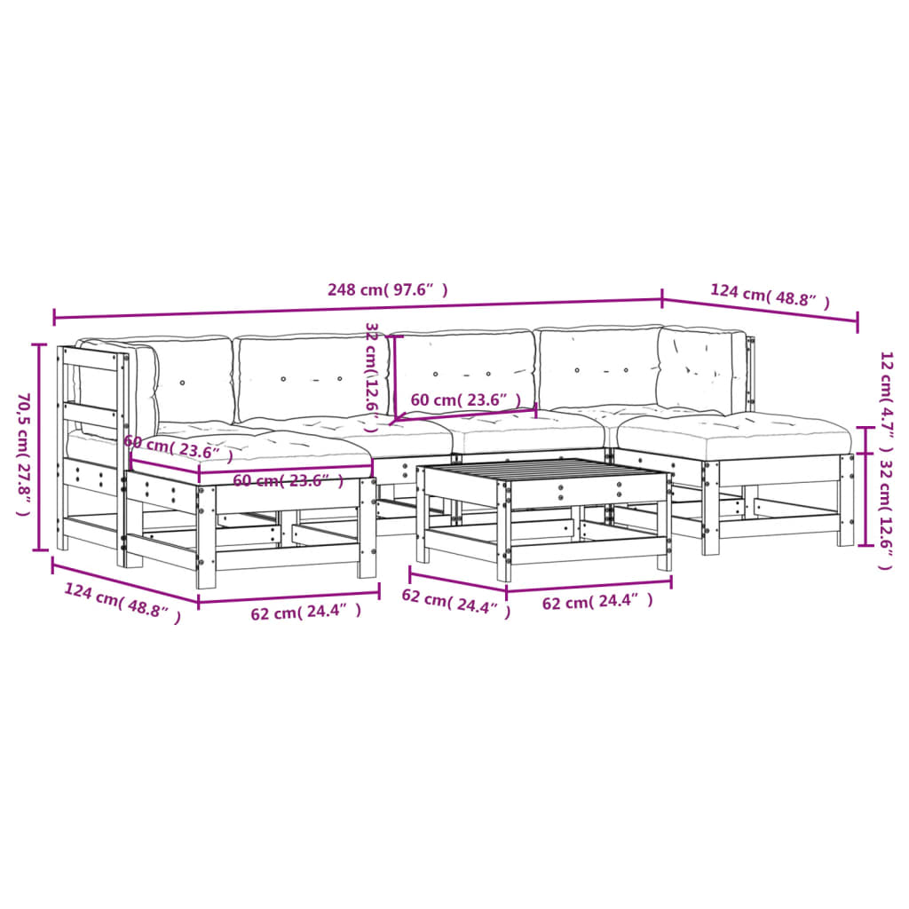7-tlg. Garten-Lounge-Set mit Kissen Massivholz