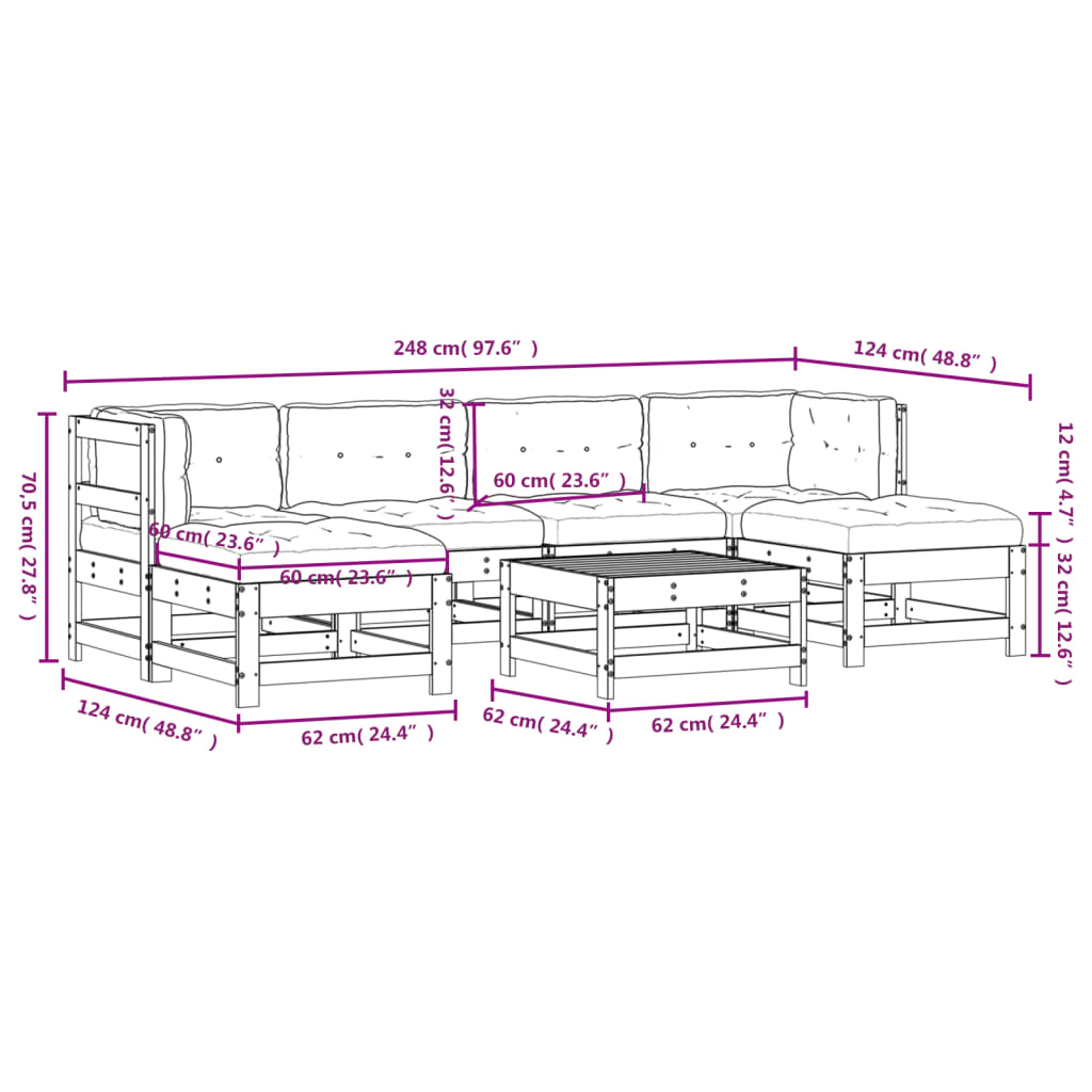 7-tlg. Garten-Lounge-Set mit Kissen Schwarz Massivholz