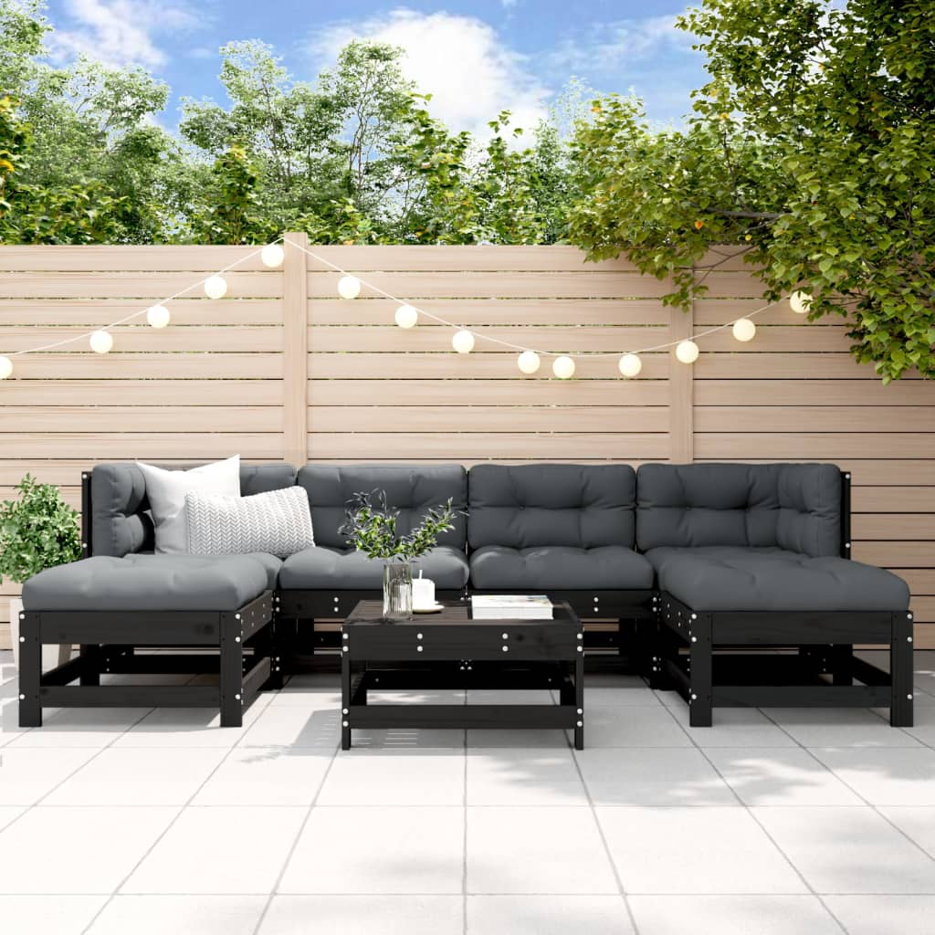 7-tlg. Garten-Lounge-Set mit Kissen Schwarz Massivholz