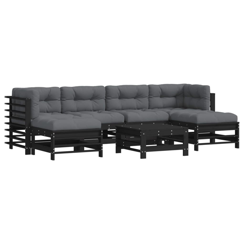 7-tlg. Garten-Lounge-Set mit Kissen Schwarz Massivholz