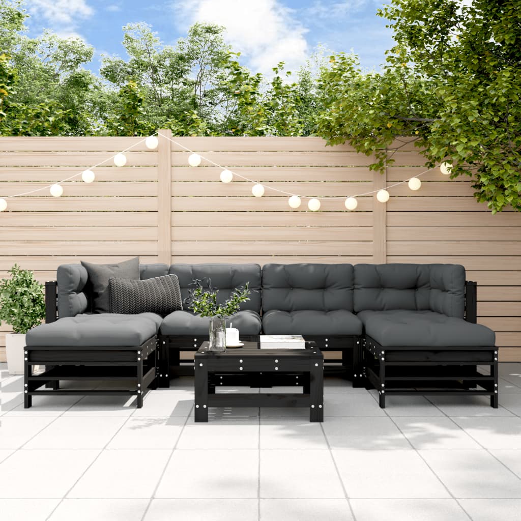 7-tlg. Garten-Lounge-Set mit Kissen Schwarz Massivholz