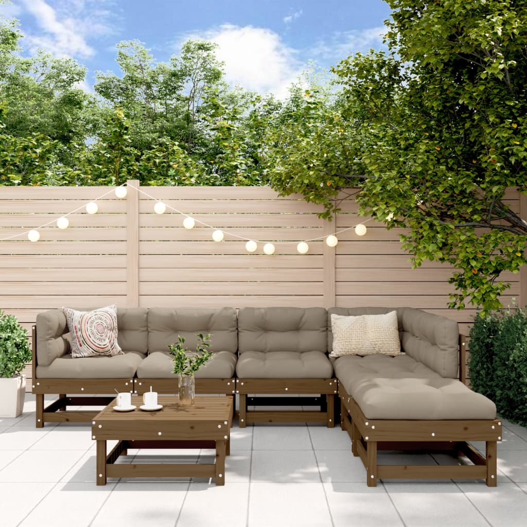 7-tlg. Garten-Lounge-Set mit Kissen Honigbraun Massivholz