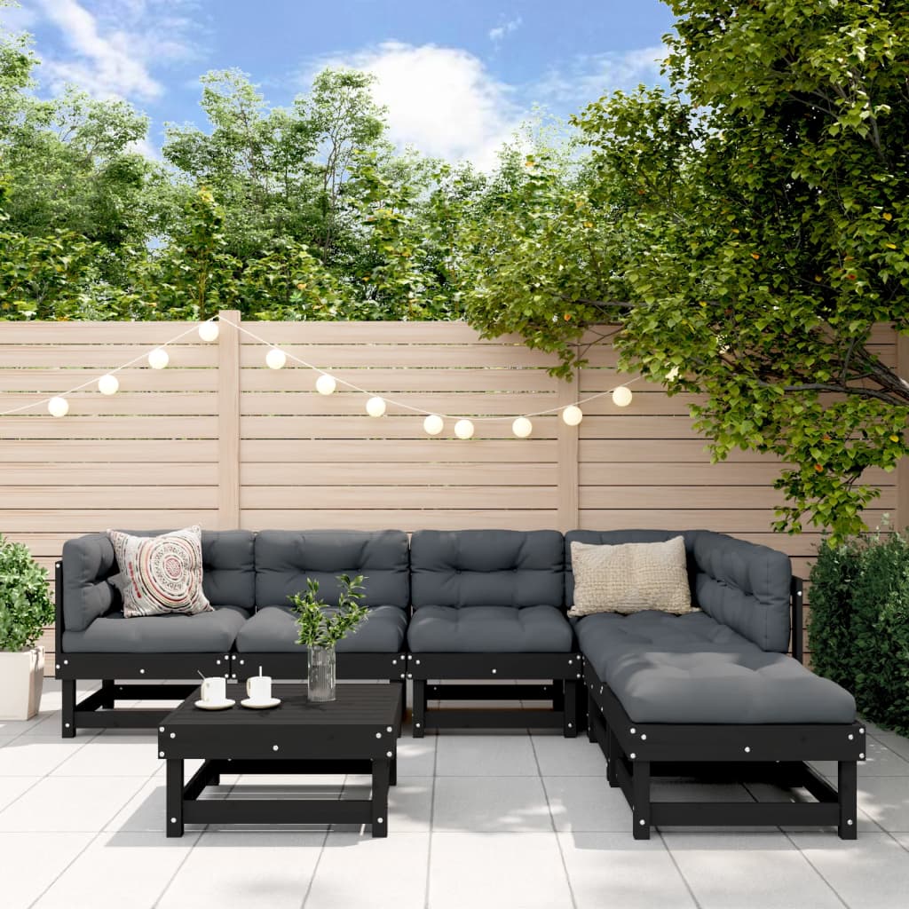 7-tlg. Garten-Lounge-Set mit Kissen Schwarz Massivholz